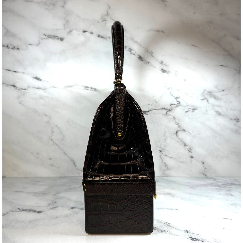 ❌❌ Hermes Crocodile Doctor's Bag Sac Mallette Marron Fonce Shiny Vintage tote - Picture 10 of 16